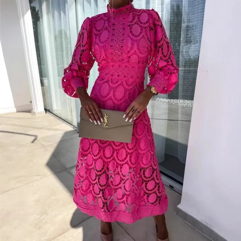 Slimming Long Dress Hot Sale Of The Season New Lace Stand Collar Splice Ruffle Bubble Sleeve Gathered Waist Big Skirt A- Line Mi