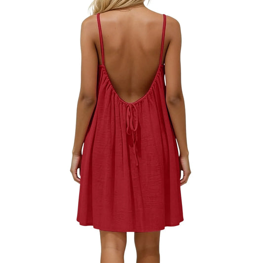 Dress, European & American Vacation Relaxed Style, Backless Elegant Vibe, 2026 Summer New Solid Color Spaghetti Strap Flowy A-Li