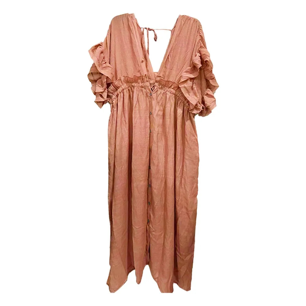 Fashion V Neck Summer Sunscreen Smock Loose Casual Beachwear Shirt Bathing Suit Long Swimsuit Cover Up Dress for Women