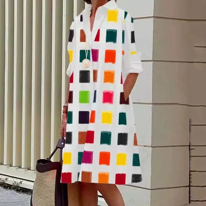 Simple Print Midi Dress Sleeveless Dress V-neck Bubble Sleeve Long Dress Casual Style Business Suit Polyester Fabric