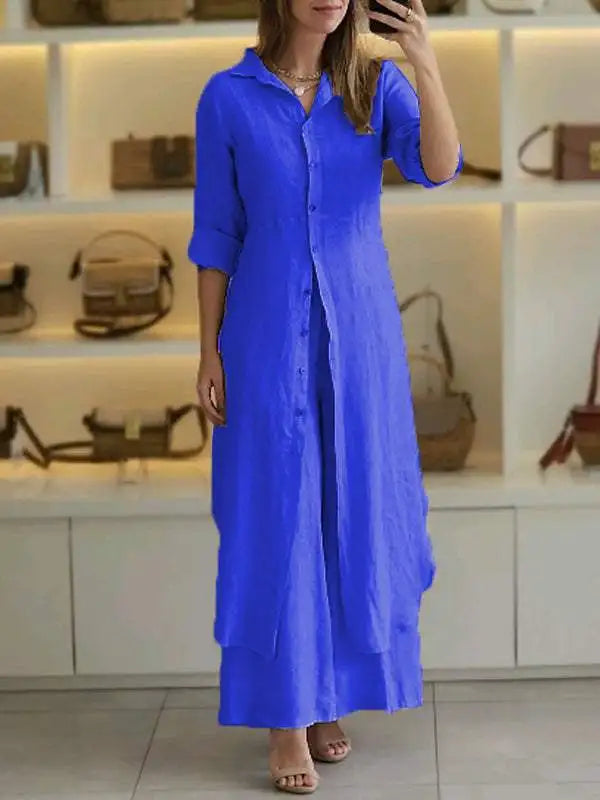 2024 New Product Women's Summer And Autumn Urban Elegant Cotton Hemp Slimming Waist Long Shirt Wide Leg Pants Two Piece Set