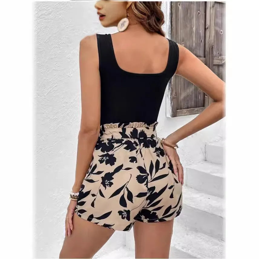 Summer Women's Set With Waist Cinching, High Waist Slimming Casual And Fashionable Printed Set Women's Shorts Slim Fit  Sexy