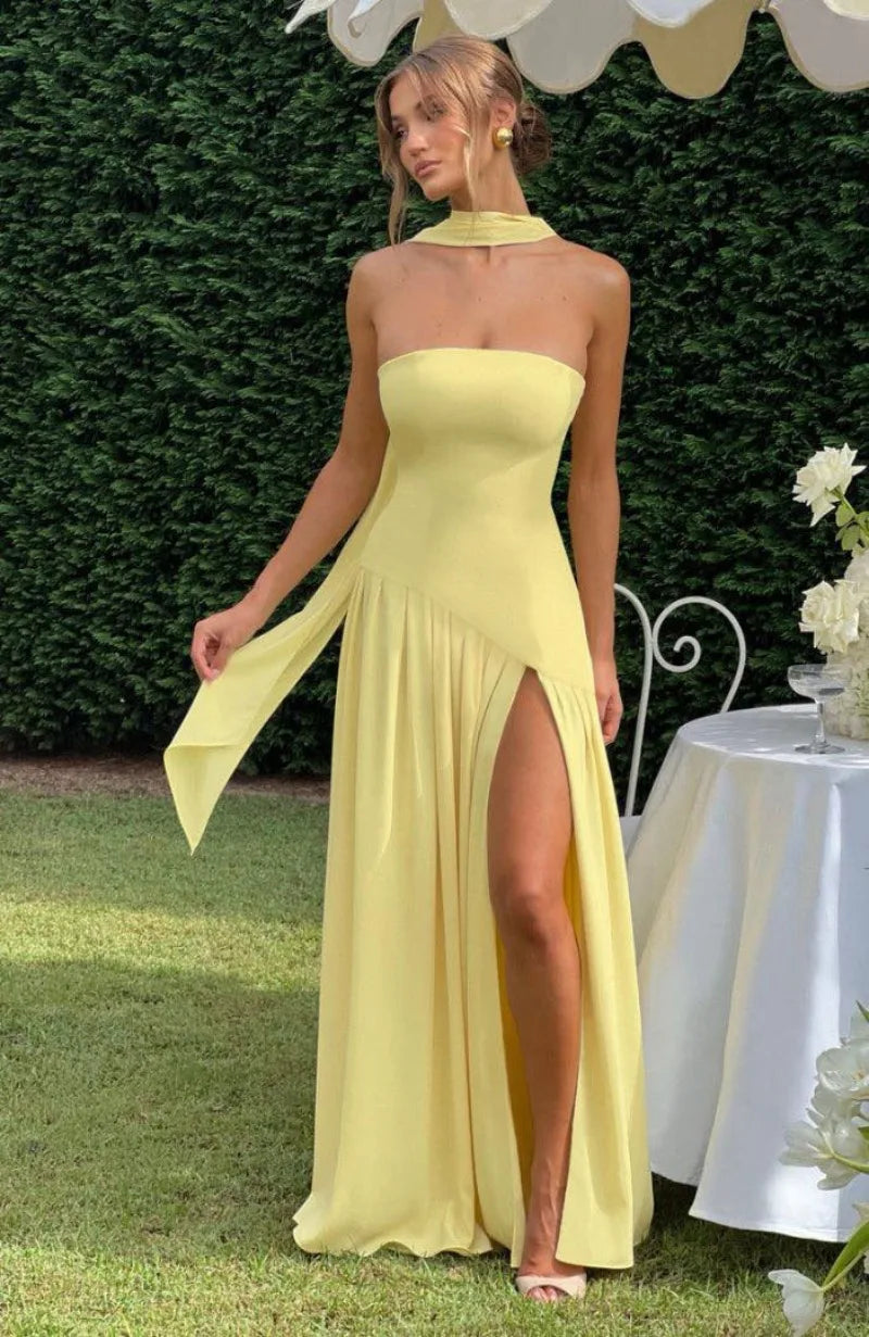 Summer Elegant Fashion Sexy Slit Backless Evening Party Ceremony Flowy Long Dresses For Women Dress With Scarf
