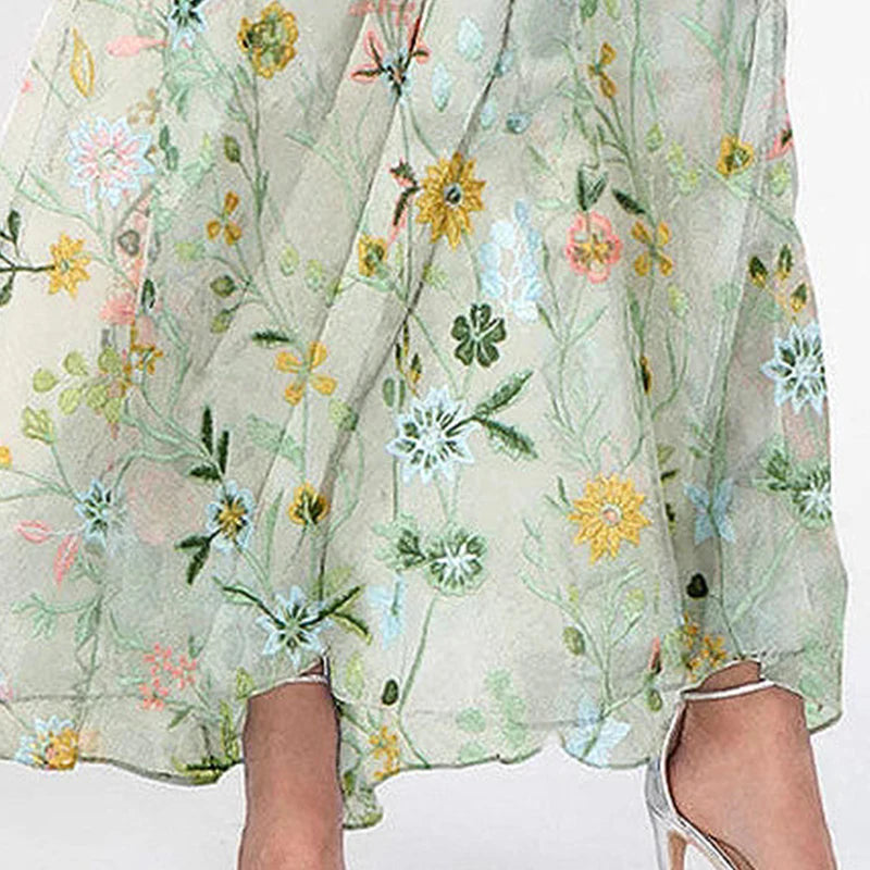 Sweet Floral Print Green Women's Summer Long Dress V-Neck Short Sleeve Sundress High-Waist Hem Maxi Dresses Female Vestidos