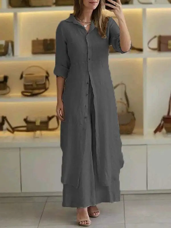 2024 New Product Women's Summer And Autumn Urban Elegant Cotton Hemp Slimming Waist Long Shirt Wide Leg Pants Two Piece Set