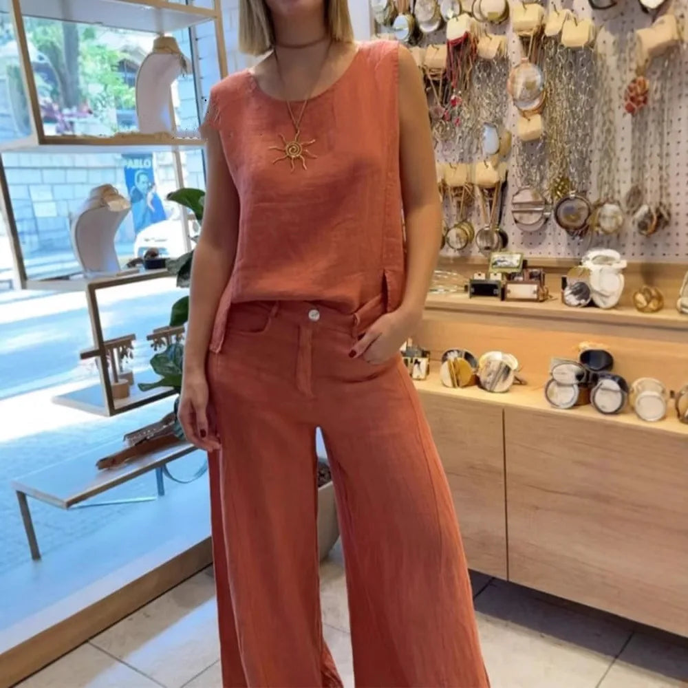 2025 New Summer Women's Suit Vest Pullover Top Button Trousers Simple Casual Street Fashion 2-piece Set for Female