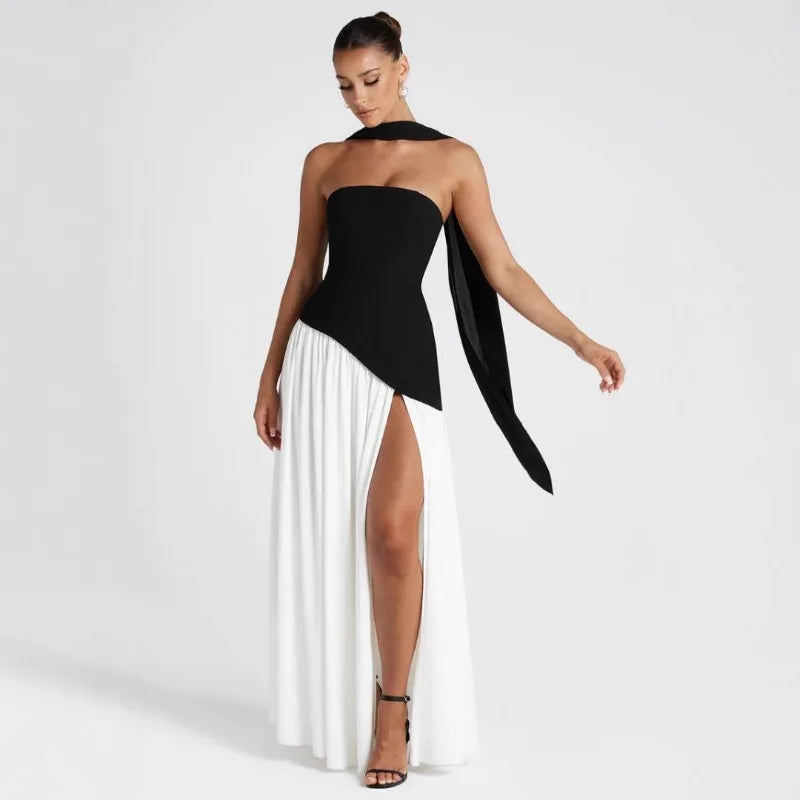 Summer Elegant Fashion Sexy Slit Backless Evening Party Ceremony Flowy Long Dresses For Women Dress With Scarf