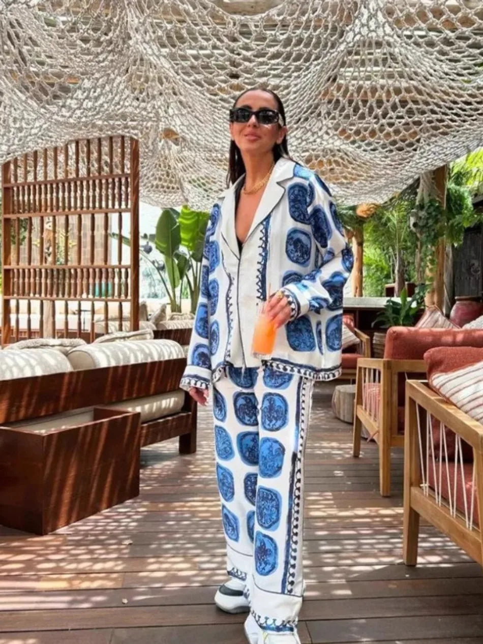 Women's Casual Two-Piece Set Spring Summer High Waist Wide Leg Pants with Long Sleeve Printed Top Fashionable Loose Fit Outfit