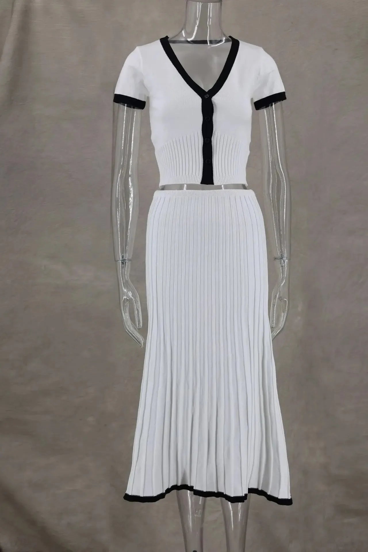 Summer Women White long Skirt Suit Short Sleeve V-neck crop top pleated set elegant dress 2 piece skirt set