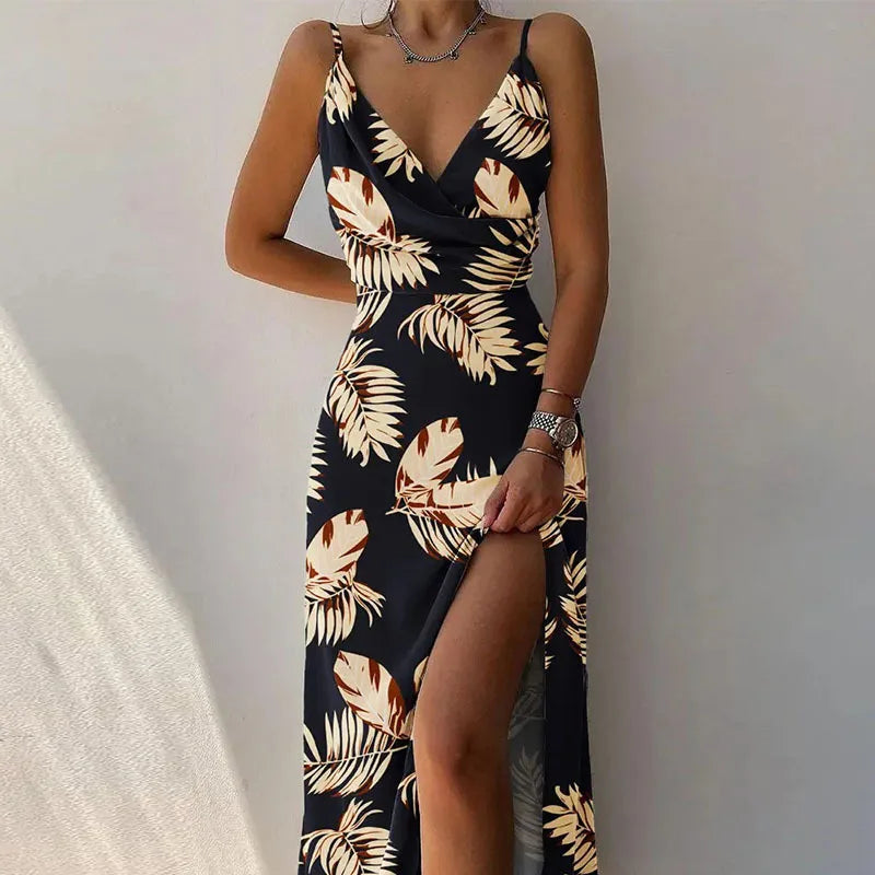 Sexy Deep V Neck Paghetti Strap High Waist Dress For Women Elegant Big Hem High Split Folds Long Dresses 2024 Summer New Lady