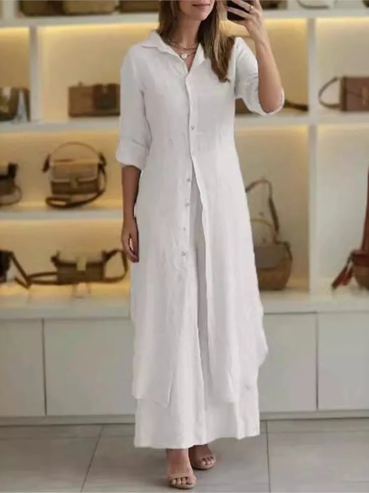 2024 New Product Women's Summer And Autumn Urban Elegant Cotton Hemp Slimming Waist Long Shirt Wide Leg Pants Two Piece Set