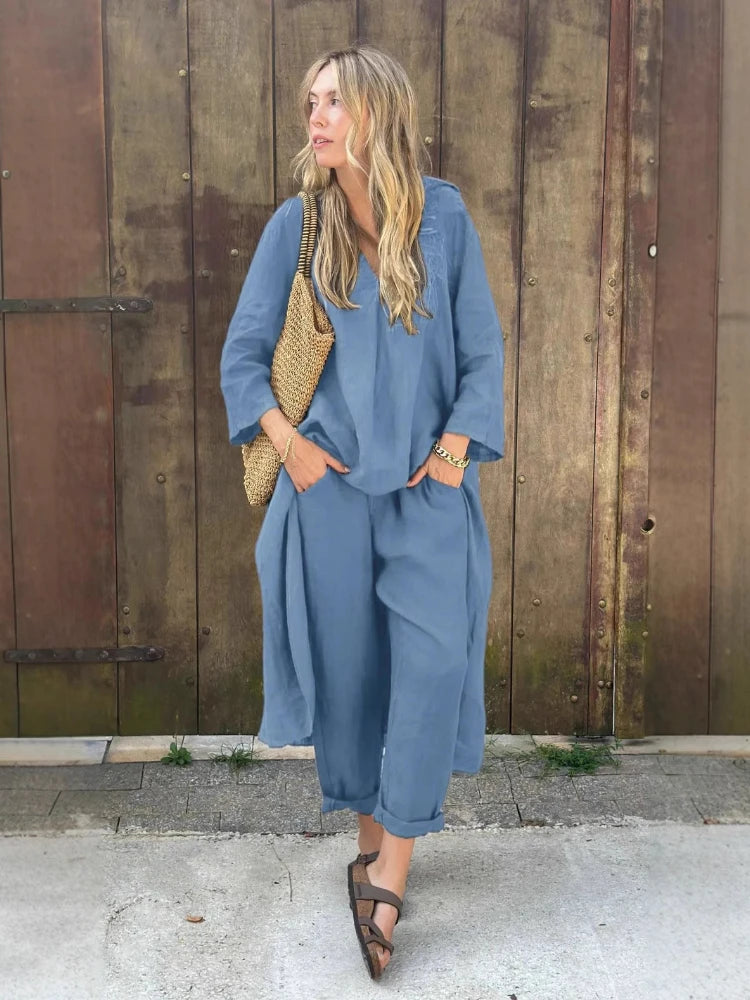 2025 Summer Fashion New Women's Cotton and Hemp Set Loose V-neck Long Top High Waist Wide Leg Pants Two Piece Set