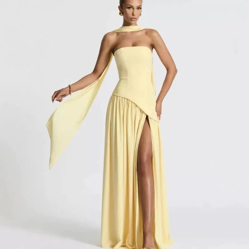 Summer Elegant Fashion Sexy Slit Backless Evening Party Ceremony Flowy Long Dresses For Women Dress With Scarf
