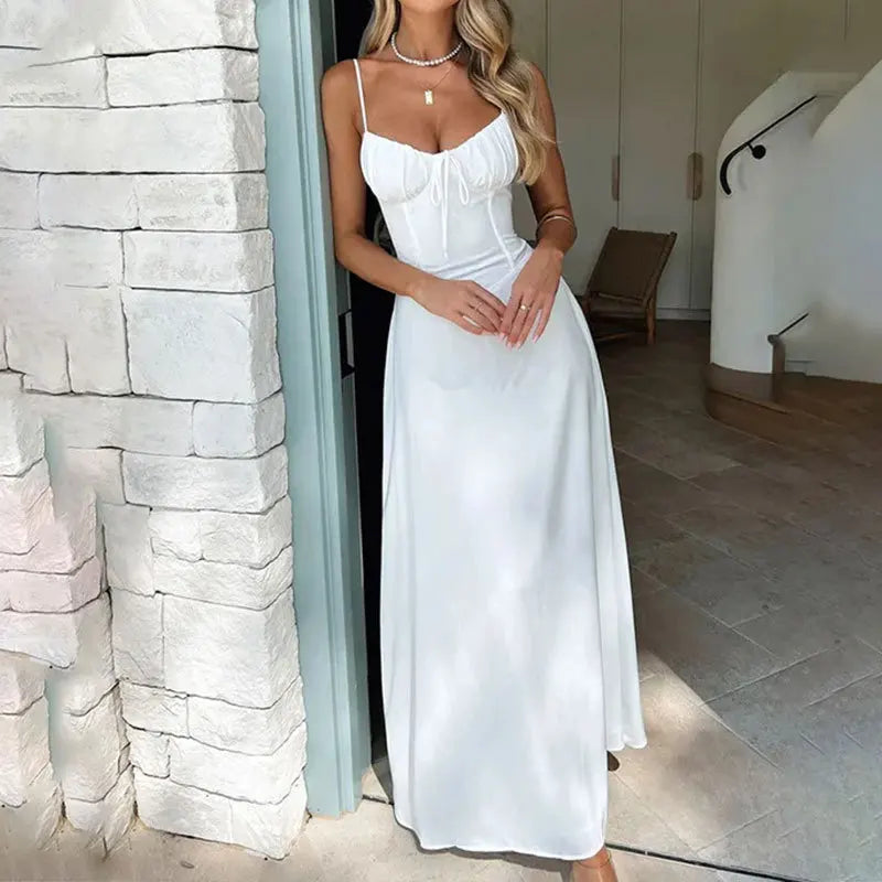 2026 Women Elegant Spaghetti Strap Camisole Sleeveless Lace Up Long Dress for Summer Casual Party and Beach Vacation