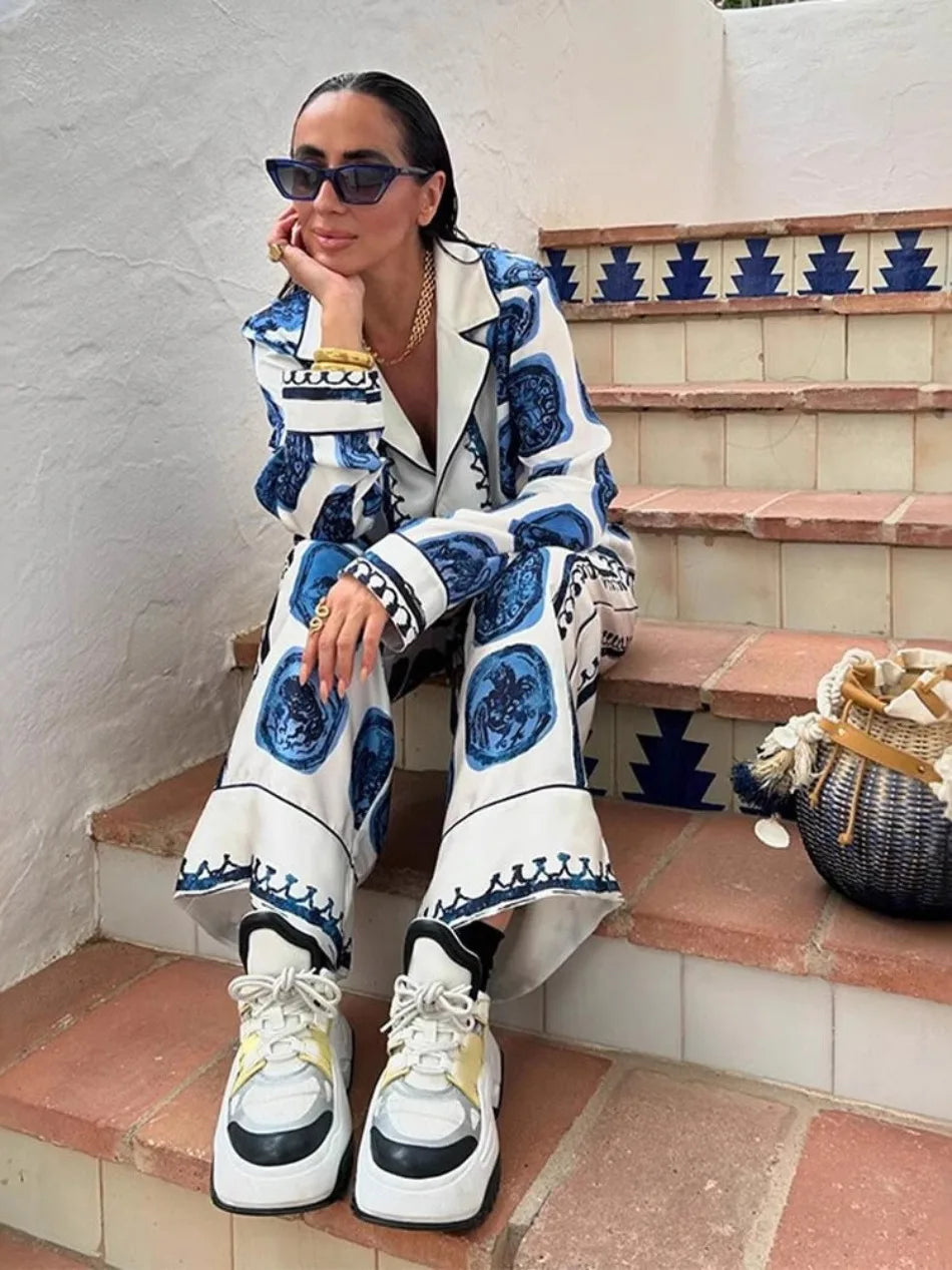 Women's Casual Two-Piece Set Spring Summer High Waist Wide Leg Pants with Long Sleeve Printed Top Fashionable Loose Fit Outfit