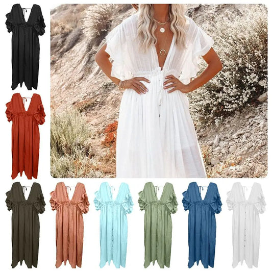 Fashion V Neck Summer Sunscreen Smock Loose Casual Beachwear Shirt Bathing Suit Long Swimsuit Cover Up Dress for Women
