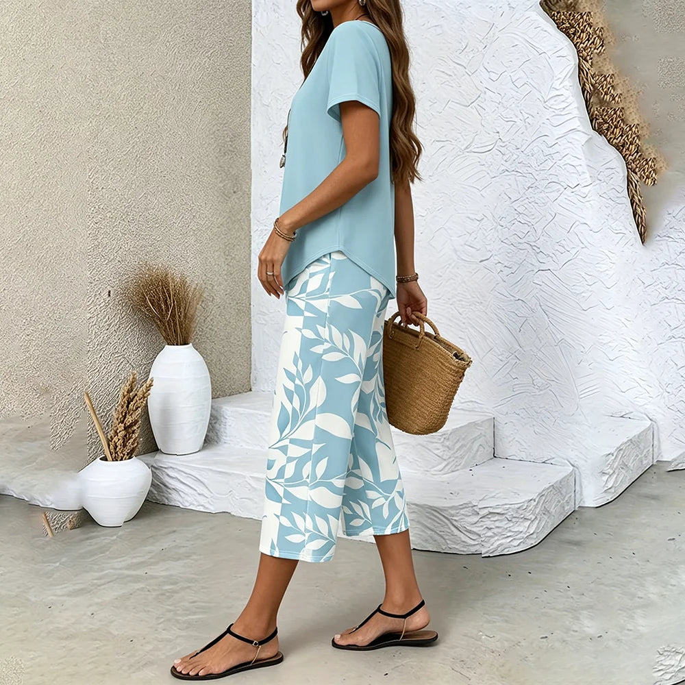 2Pcs Women Summer Casual Set, Smooth Soft Leaf Print Pants & Asymmetrical Top, Breathable Loungewear for Daily