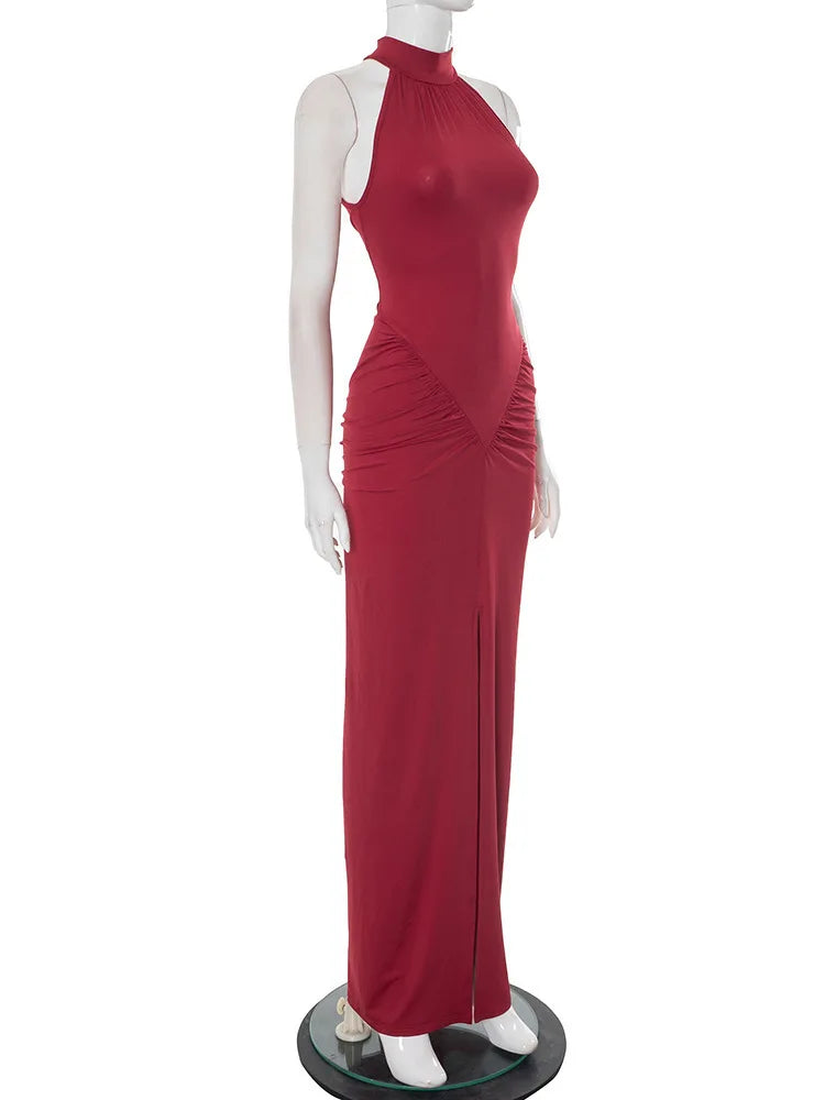Mozision Halter Ruched Sleeveless Sexy Maxi Dress Women Gown Fashion Slim High Waist Evening Club Party Split Long Dress