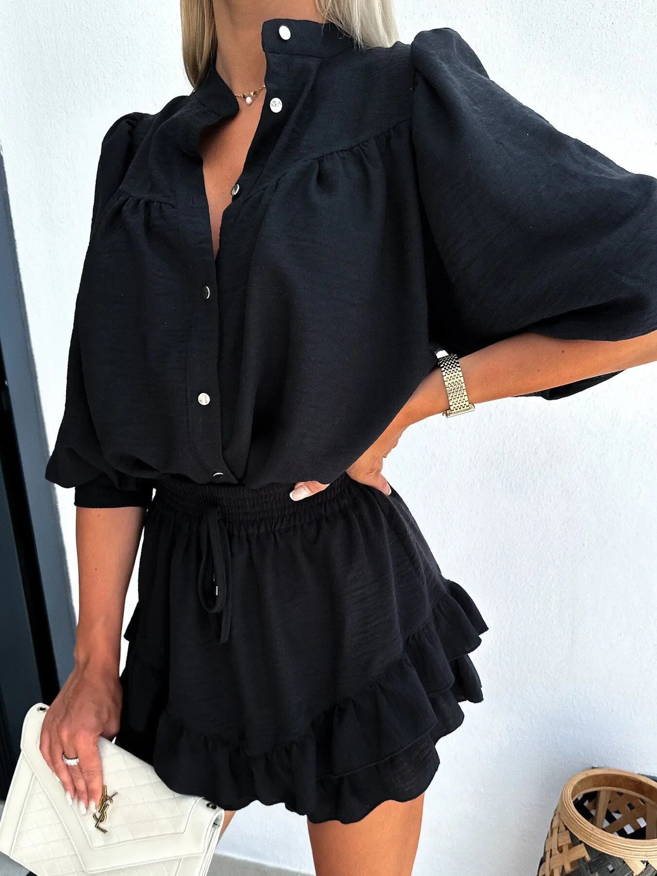 Women New Button Long Sleeve Shirts Top&Drawstring Sculottes 2 Pieces Outfits Casual Ruffles Suit V Neck Dresses Set For Women's