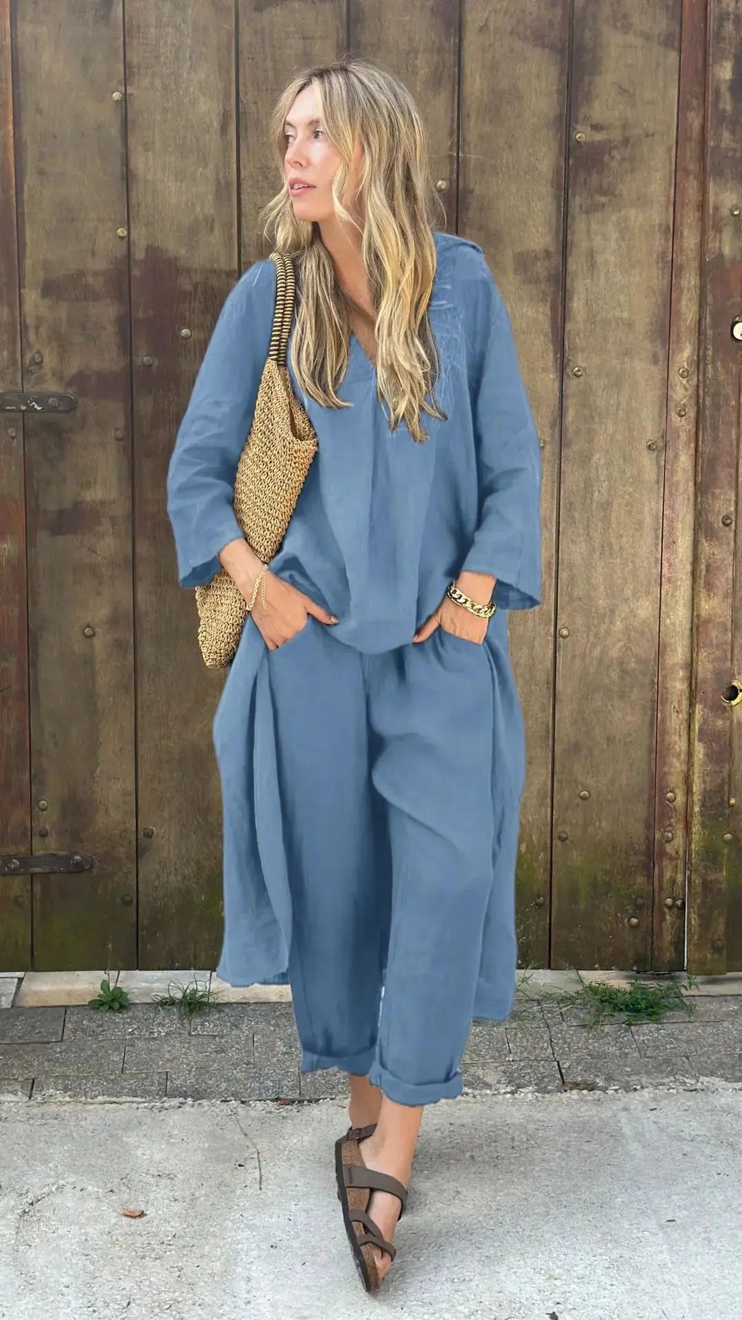 2025 Summer Fashion New Women's Cotton and Hemp Set Loose V-neck Long Top High Waist Wide Leg Pants Two Piece Set