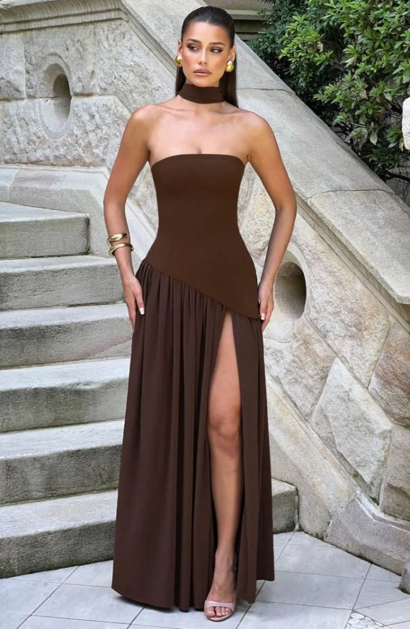 Summer Elegant Fashion Sexy Slit Backless Evening Party Ceremony Flowy Long Dresses For Women Dress With Scarf