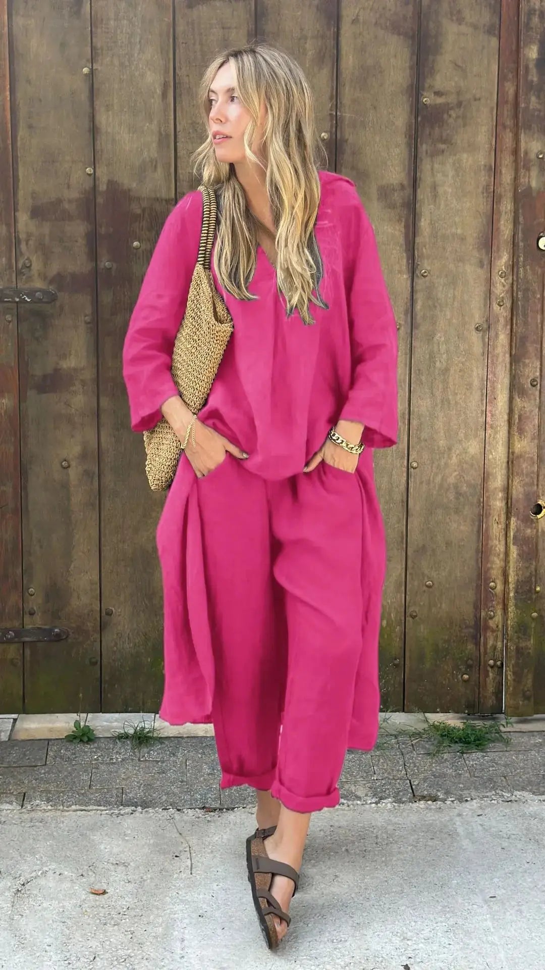 2025 Summer Fashion New Women's Cotton and Hemp Set Loose V-neck Long Top High Waist Wide Leg Pants Two Piece Set