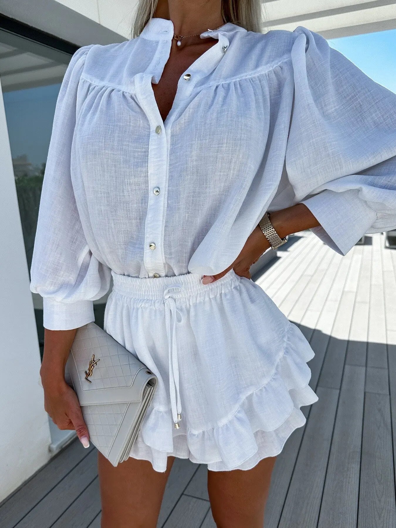 Women New Button Long Sleeve Shirts Top&Drawstring Sculottes 2 Pieces Outfits Casual Ruffles Suit V Neck Dresses Set For Women's