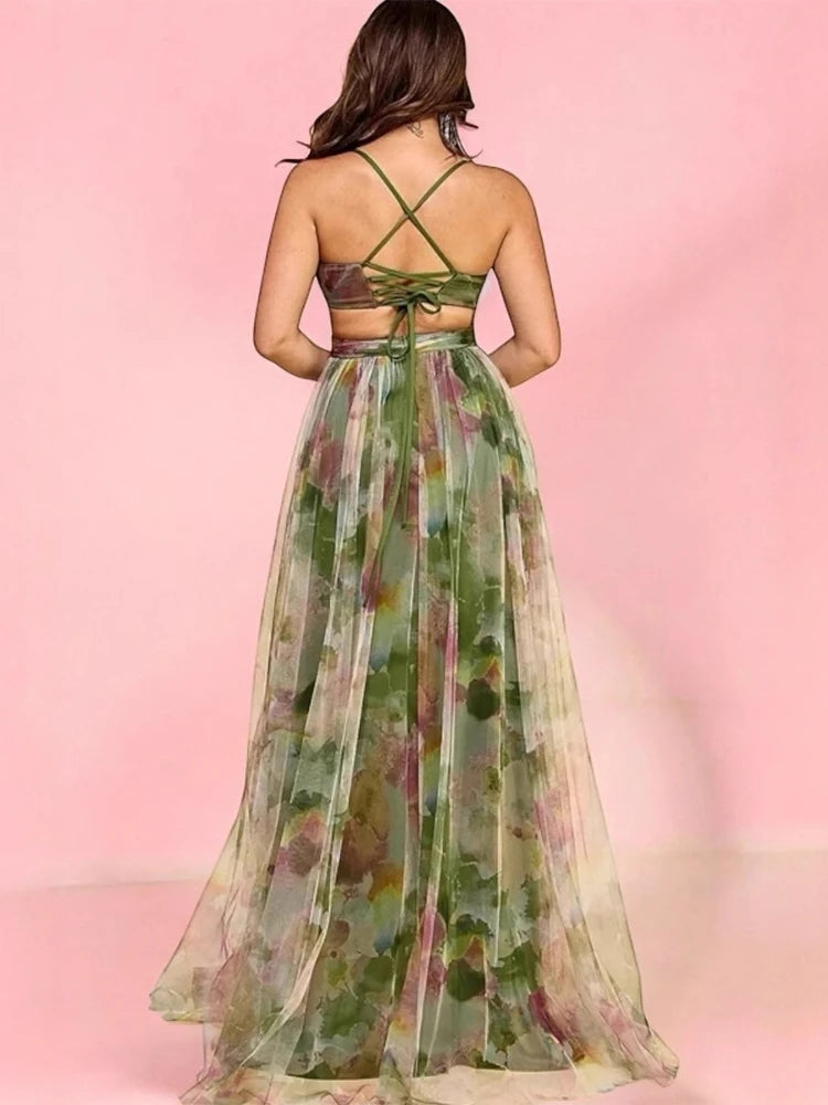 2026 Summer Fashion New Women's Elegant Beach Vacation Dress with Strap Color Blocked Printing Party Grand Display, Long Dress