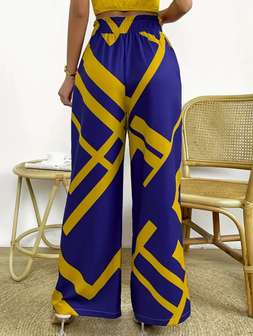 Geometric Pattern Print Wide Leg Pants Casual Loose Bow Front High Waist Pants For Every Day, Women's Clothing
