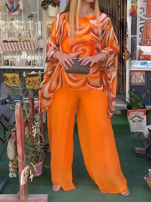 Women Colorful Chiffon Set Two Piece Suit Summer Print Round Neck Bat Sleeves Irregular Top Wide Leg Pants Casual 2 Piece Set