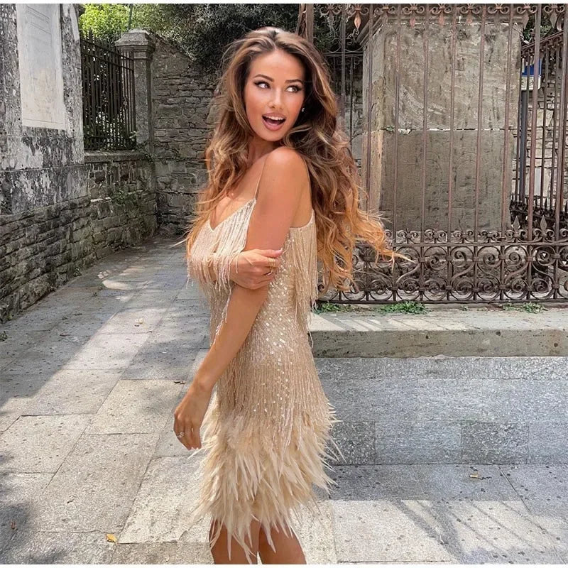 2024 Fashionable Multi-Color Fringed Sequins Tank Top Sexy V-Neck Gown Dress For Birthday Party With Feather Splice Design