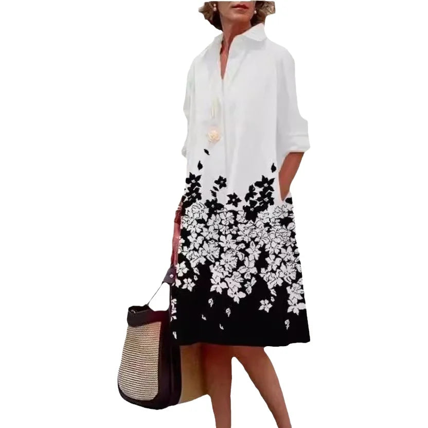 Simple Print Midi Dress Sleeveless Dress V-neck Bubble Sleeve Long Dress Casual Style Business Suit Polyester Fabric
