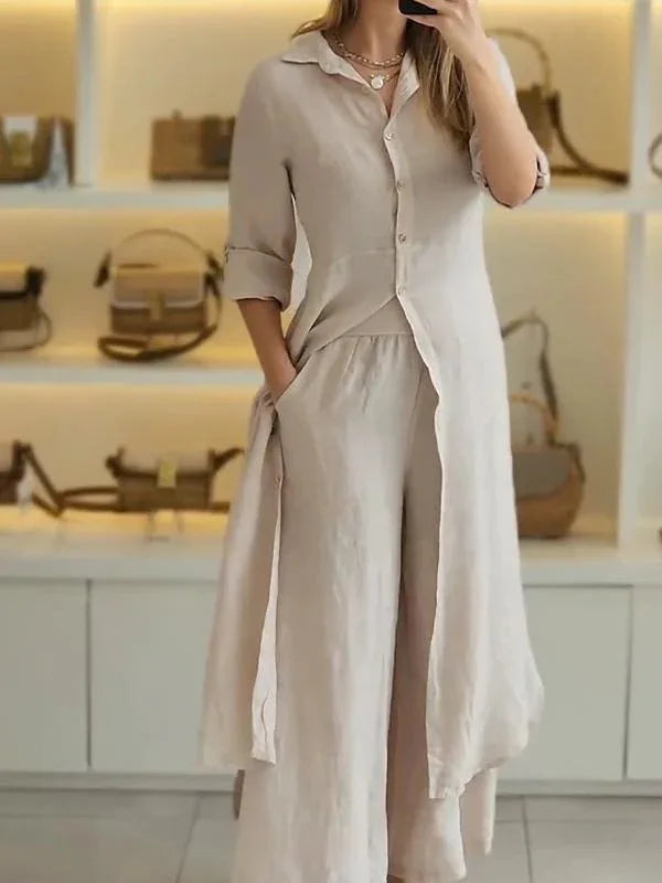 2024 New Product Women's Summer And Autumn Urban Elegant Cotton Hemp Slimming Waist Long Shirt Wide Leg Pants Two Piece Set