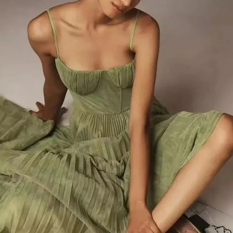 Sexy Evening Dress Women's Elegant Pleated Big Swing High Waist Suspender Long Dresses 2025 New Trendy Chic Party Cocktail Dress