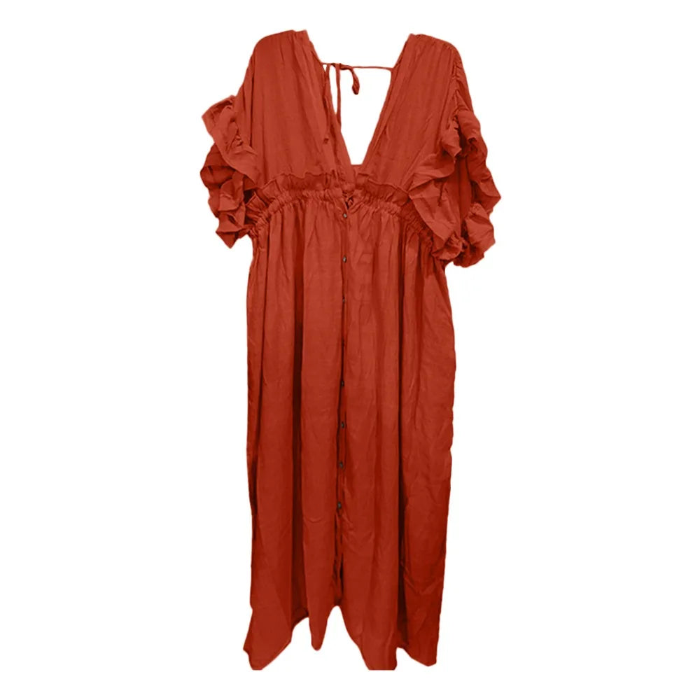 Fashion V Neck Summer Sunscreen Smock Loose Casual Beachwear Shirt Bathing Suit Long Swimsuit Cover Up Dress for Women