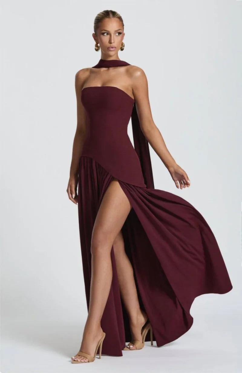 Summer Elegant Fashion Sexy Slit Backless Evening Party Ceremony Flowy Long Dresses For Women Dress With Scarf