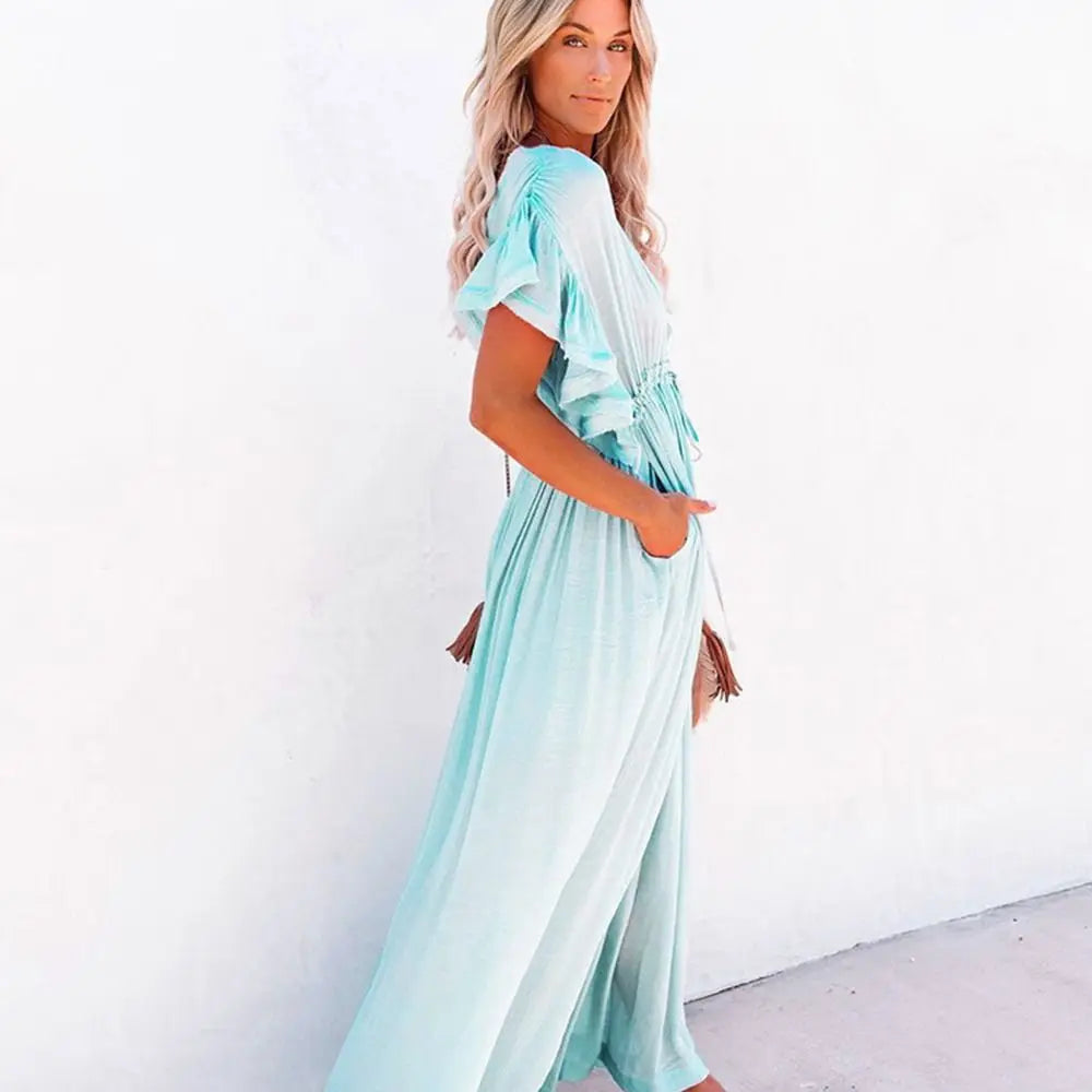Fashion V Neck Summer Sunscreen Smock Loose Casual Beachwear Shirt Bathing Suit Long Swimsuit Cover Up Dress for Women