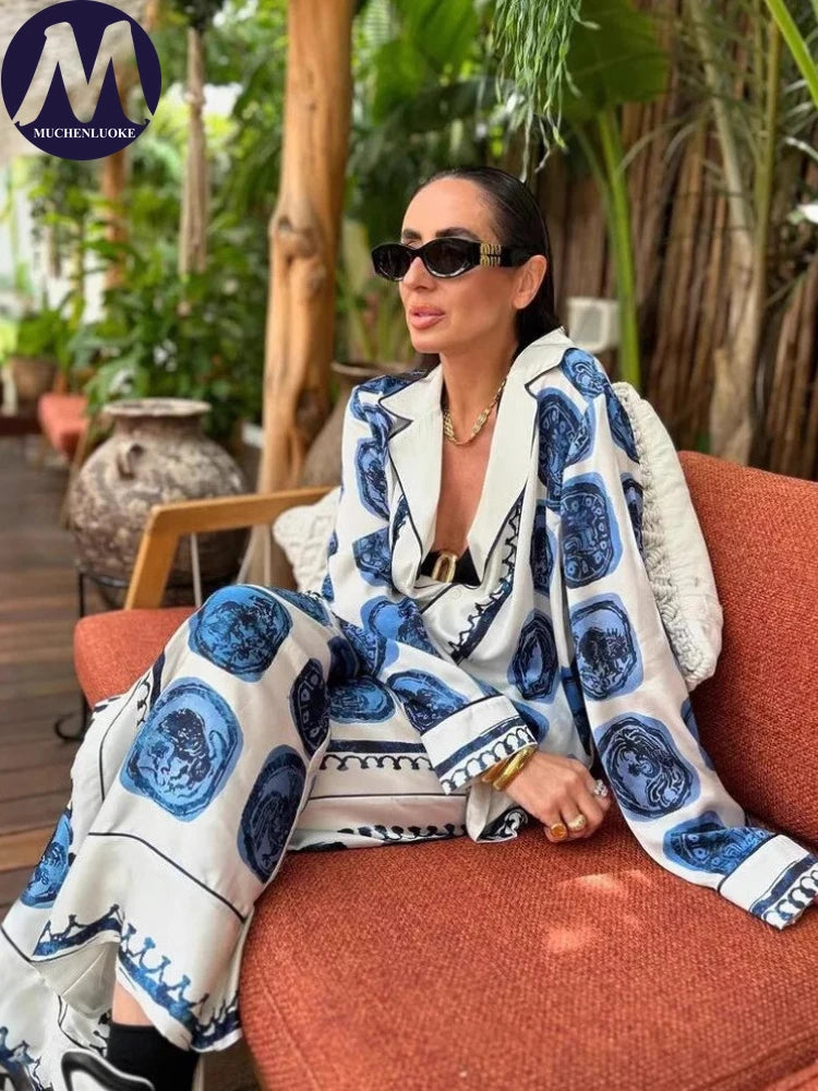 Women's Casual Two-Piece Set Spring Summer High Waist Wide Leg Pants with Long Sleeve Printed Top Fashionable Loose Fit Outfit