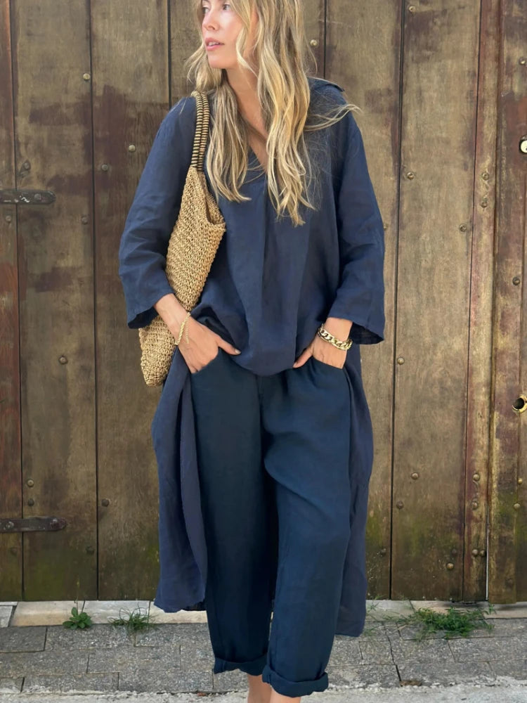 2025 Summer Fashion New Women's Cotton and Hemp Set Loose V-neck Long Top High Waist Wide Leg Pants Two Piece Set