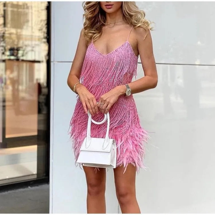 2024 Fashionable Multi-Color Fringed Sequins Tank Top Sexy V-Neck Gown Dress For Birthday Party With Feather Splice Design