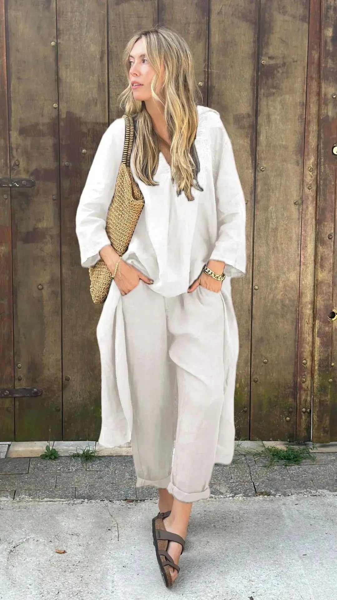 2025 Summer Fashion New Women's Cotton and Hemp Set Loose V-neck Long Top High Waist Wide Leg Pants Two Piece Set