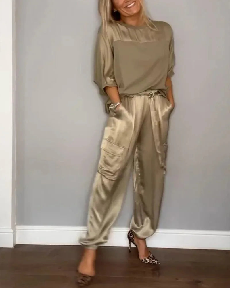 2024 Spring Women's New Fashionable Smooth Satin Half Sleeve Top With Strap Pants Pocket Set Half Sleeve Pants Two Piece Set