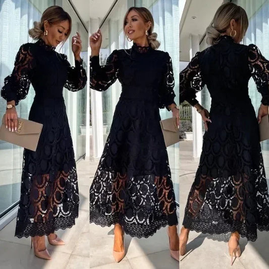 Slimming Long Dress Hot Sale Of The Season New Lace Stand Collar Splice Ruffle Bubble Sleeve Gathered Waist Big Skirt A- Line Mi