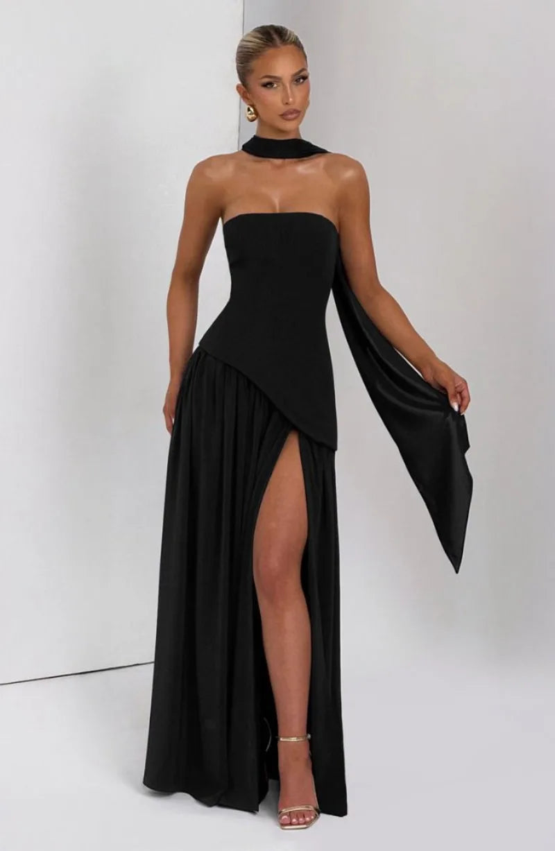 Summer Elegant Fashion Sexy Slit Backless Evening Party Ceremony Flowy Long Dresses For Women Dress With Scarf