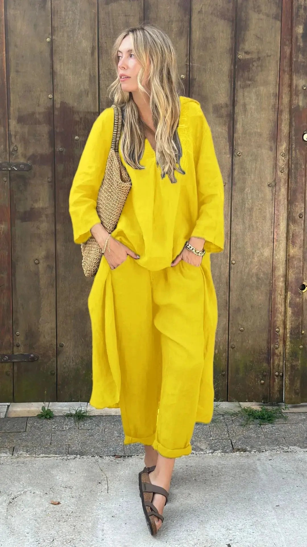 2025 Summer Fashion New Women's Cotton and Hemp Set Loose V-neck Long Top High Waist Wide Leg Pants Two Piece Set