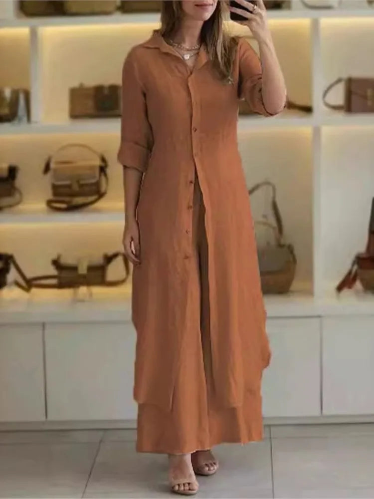 2024 New Product Women's Summer And Autumn Urban Elegant Cotton Hemp Slimming Waist Long Shirt Wide Leg Pants Two Piece Set