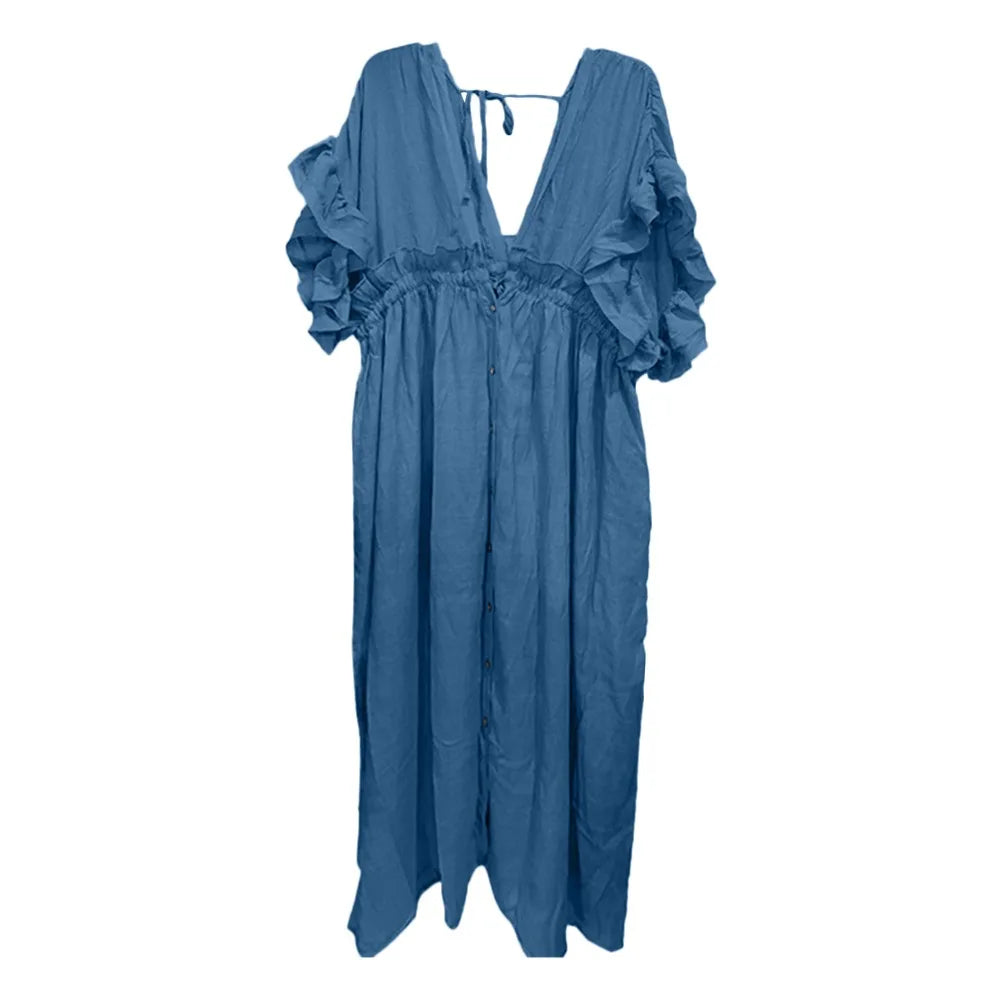 Fashion V Neck Summer Sunscreen Smock Loose Casual Beachwear Shirt Bathing Suit Long Swimsuit Cover Up Dress for Women