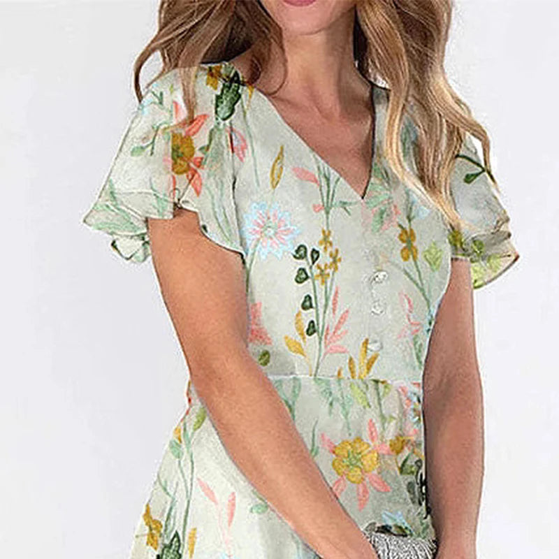 Sweet Floral Print Green Women's Summer Long Dress V-Neck Short Sleeve Sundress High-Waist Hem Maxi Dresses Female Vestidos