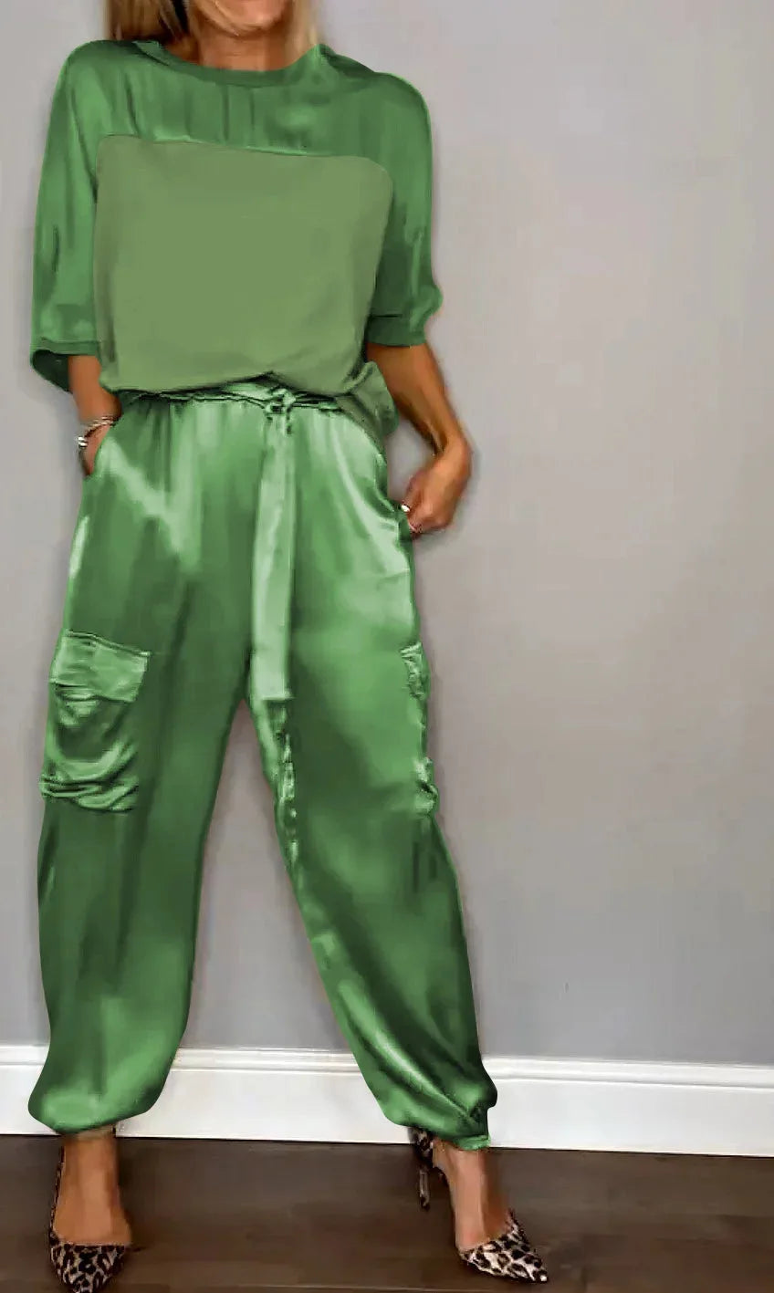 2024 Spring Women's New Fashionable Smooth Satin Half Sleeve Top With Strap Pants Pocket Set Half Sleeve Pants Two Piece Set