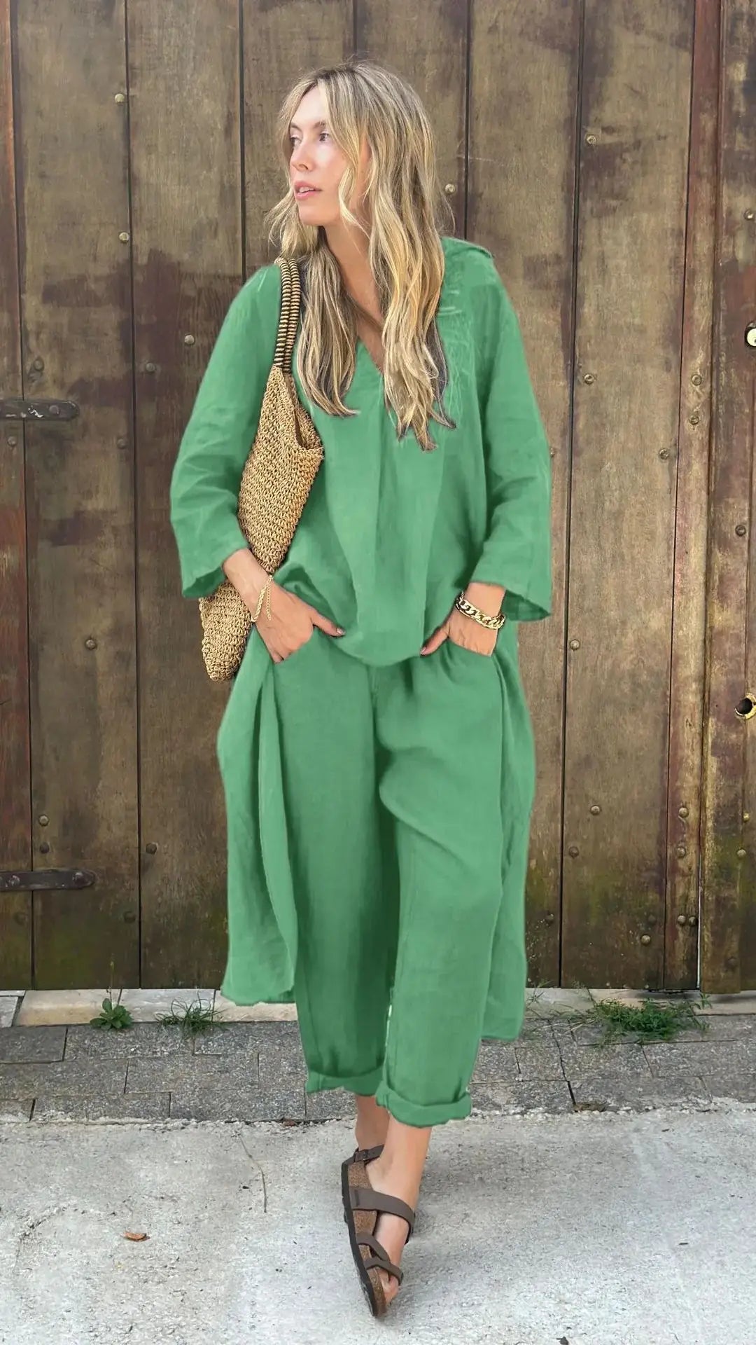2025 Summer Fashion New Women's Cotton and Hemp Set Loose V-neck Long Top High Waist Wide Leg Pants Two Piece Set